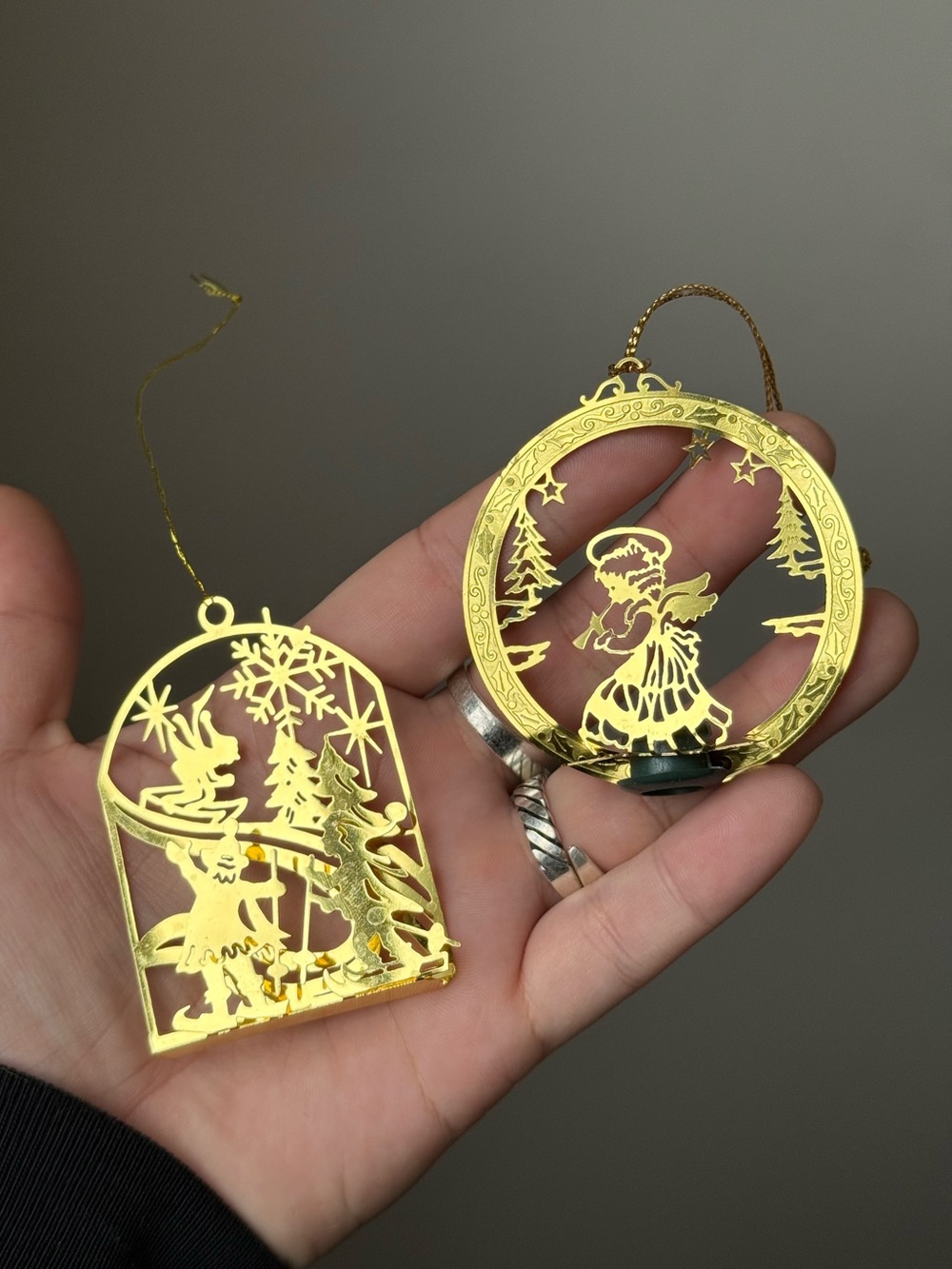 Set of 2 Vintage Faux Gold Die Cut Diorama Christmas Tree Ornaments